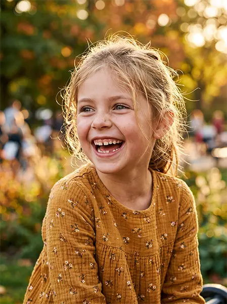 Young girl laughing outdoors, around the age of the first recommended orthodontic check-up