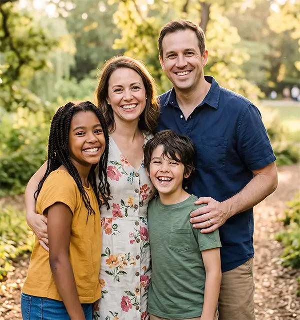 Family with two teenage children standing together outdoors