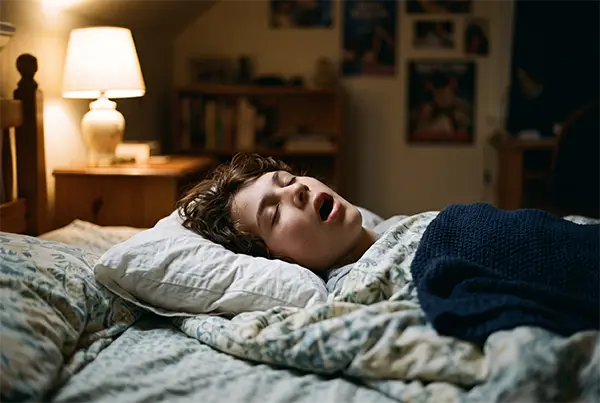 Child asleep in bed with mouth open, a common sign of disordered breathing during sleep