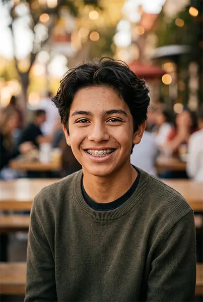 Smiling teenage boy wearing metal braces